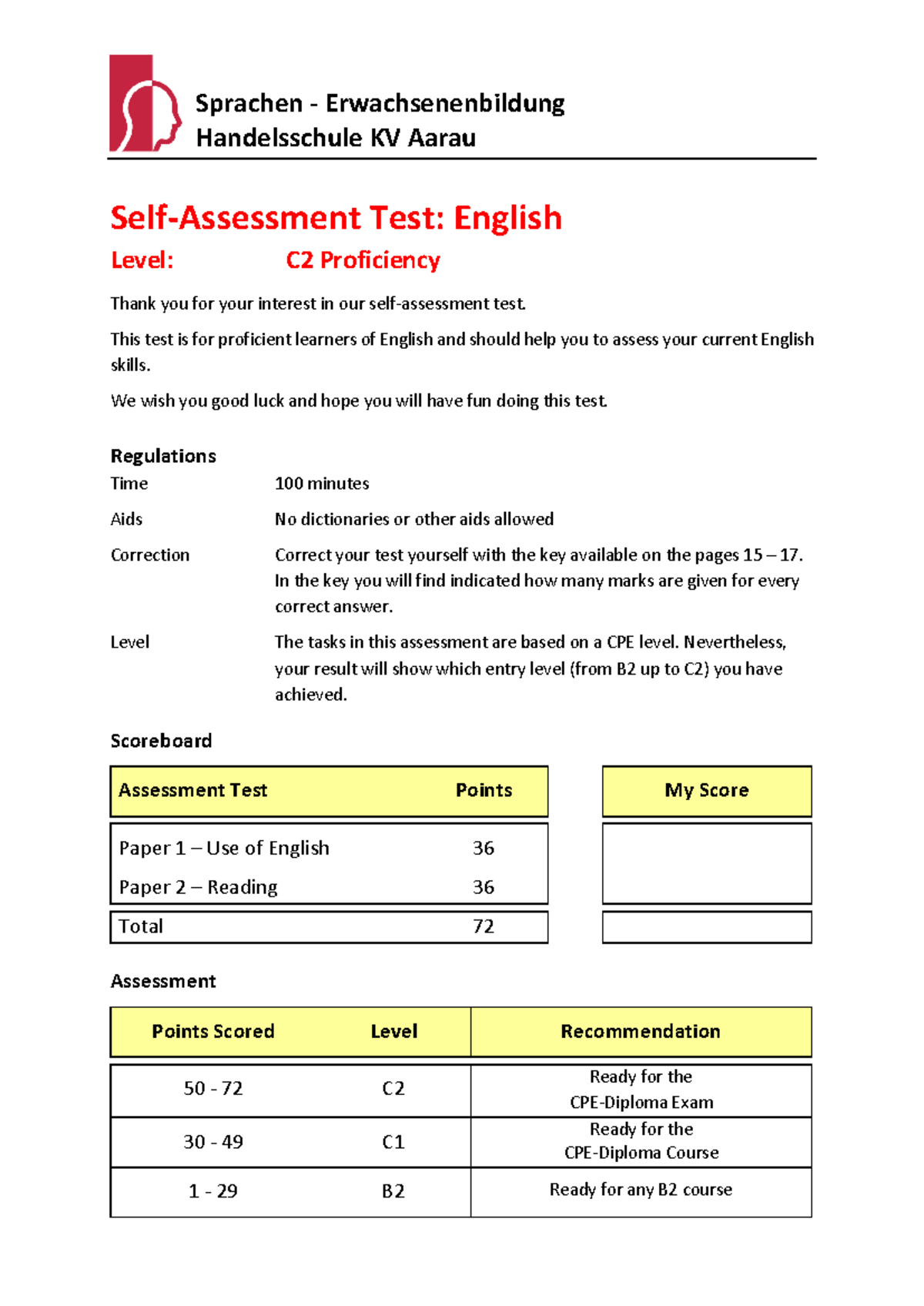 C2 Proficiency Self-Assessment Test - Evaluation and Guidelines - Studocu