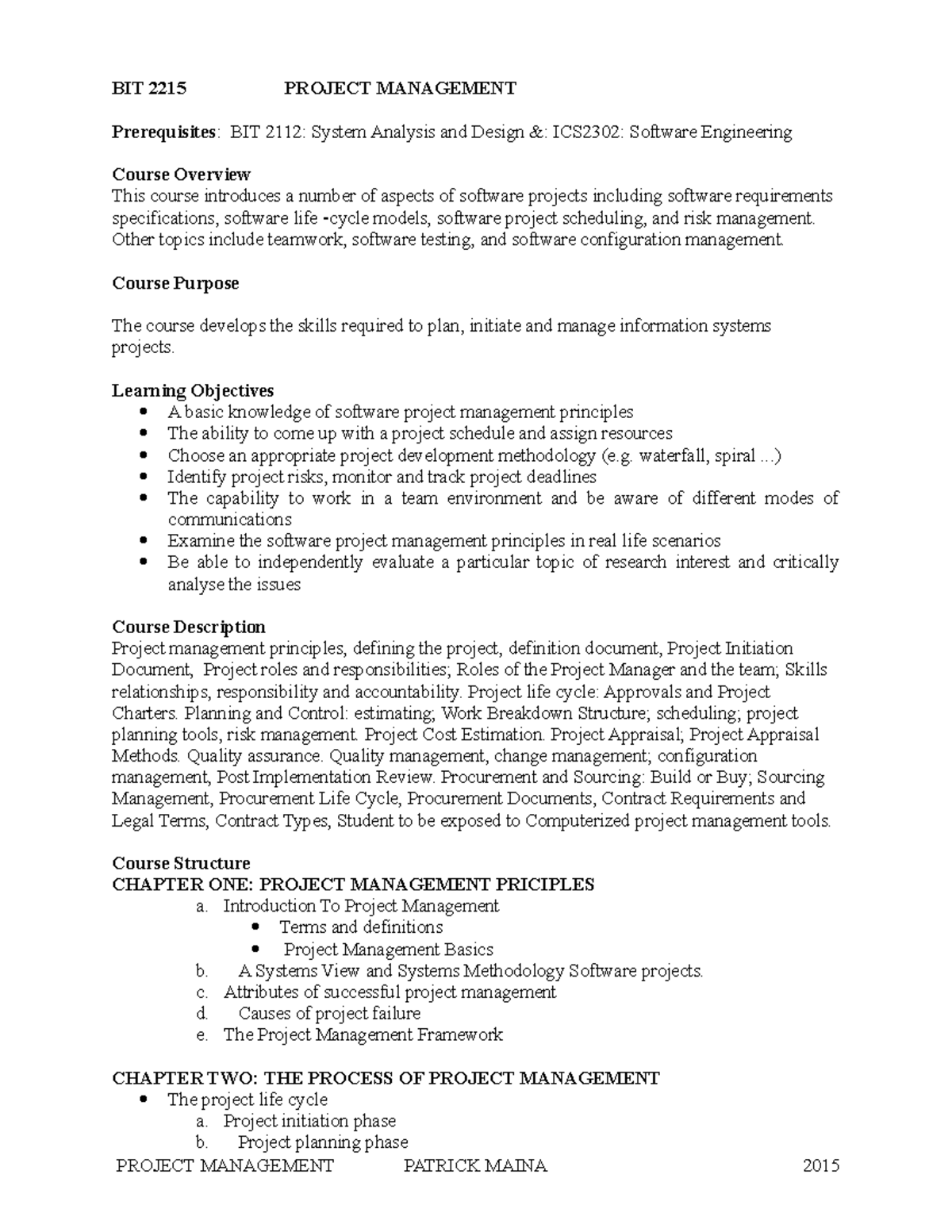 BIT 2215 Project Management Course Outline 0518 - BIT 2215 PROJECT ...