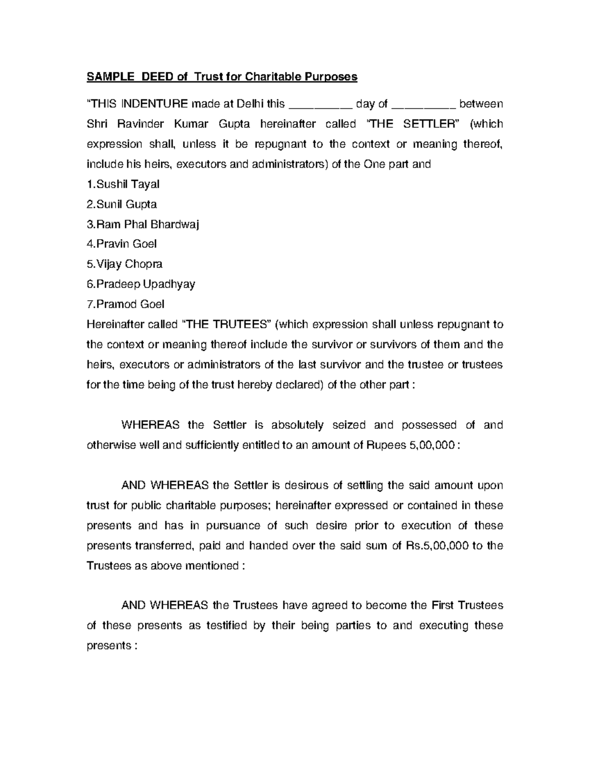 Sample Trust Deed for Charitable Purposes - Format & Guidelines - Studocu