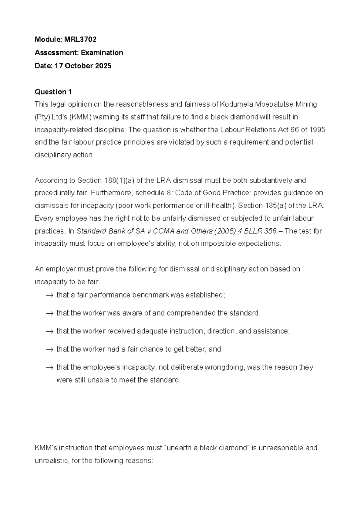 MRL3702 Final Exam - Legal Opinion on Labour Relations Issues - Studocu