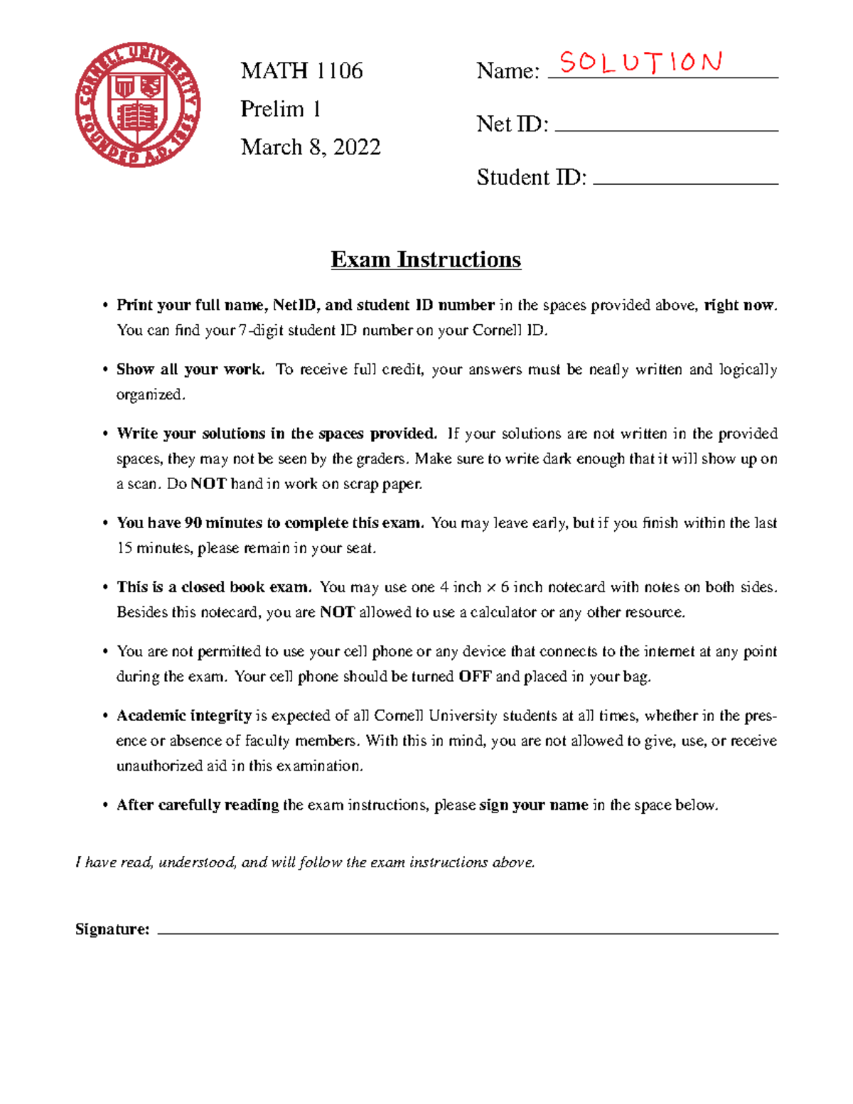 MATH 1106 Prelim 1 Solutions - Exam Answers & Instructions - Studocu