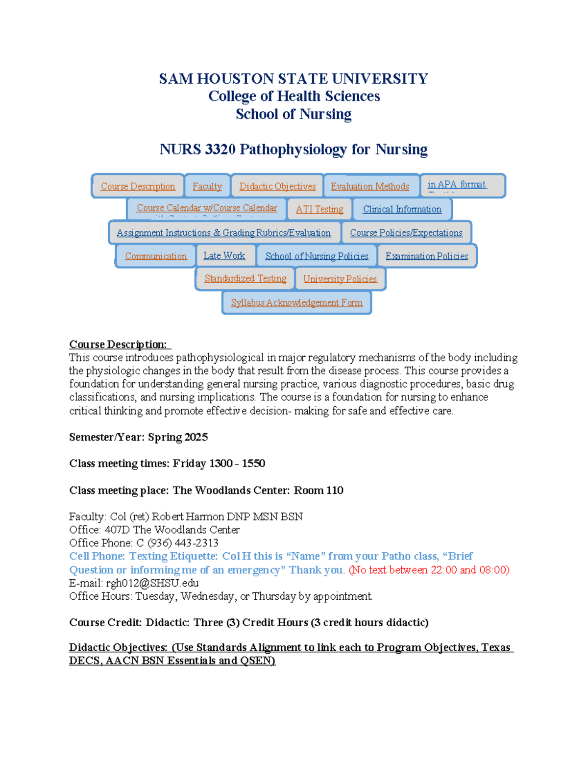 NURS 3320 Pathophysiology Syllabus for Spring 2025 at SHSU - Studocu