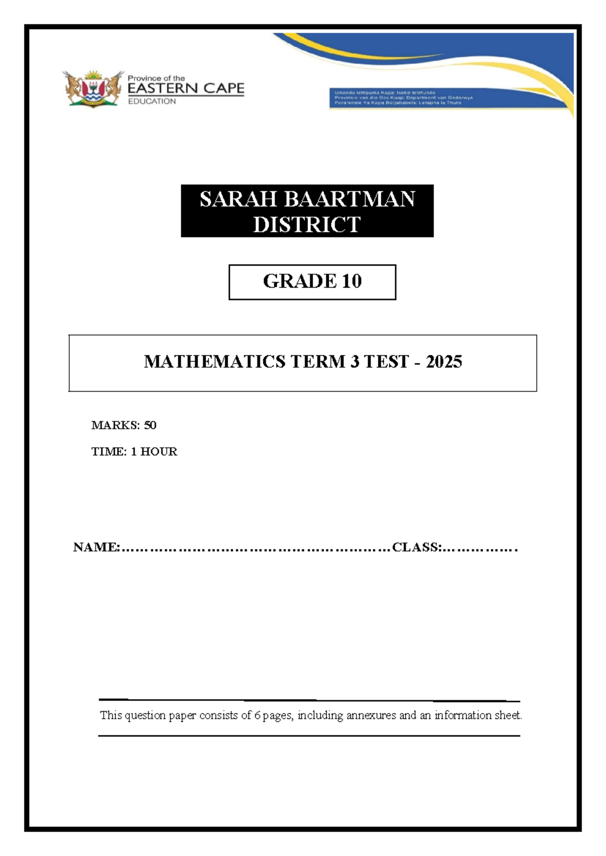 GRADE 10 MATHEMATICS TERM 3 TEST 10101012012 - SEPT 2025 - Studocu