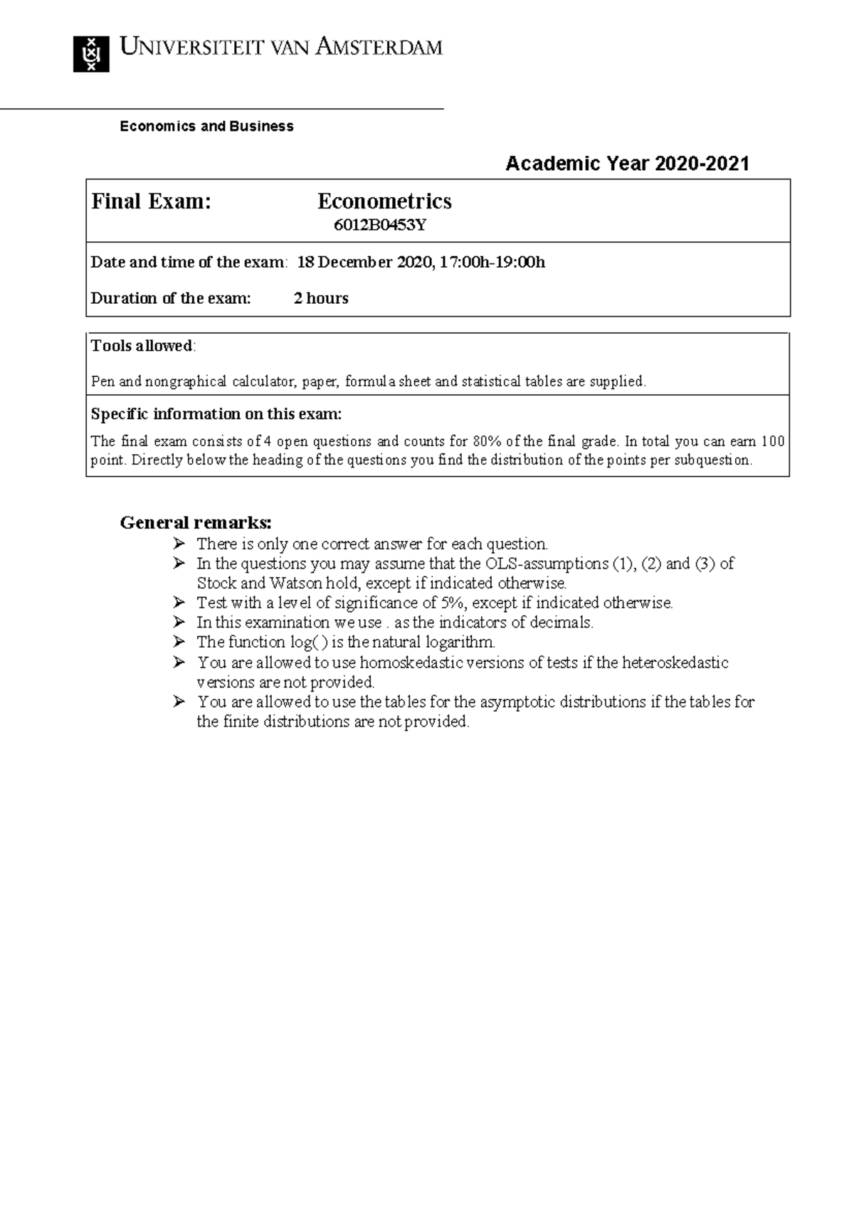 Final Exam Economics and Business: Econometrics 6012B0453Y Practice ...