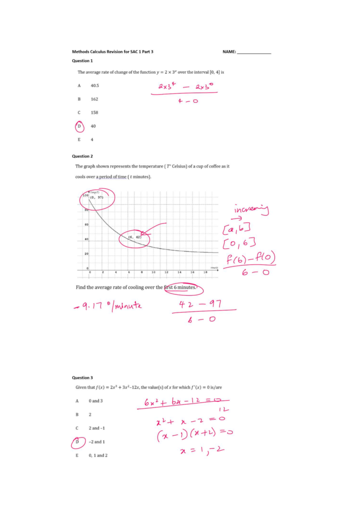 Methods Calculus Revision for SAC 1: Average Rate of Change & Tangents ...