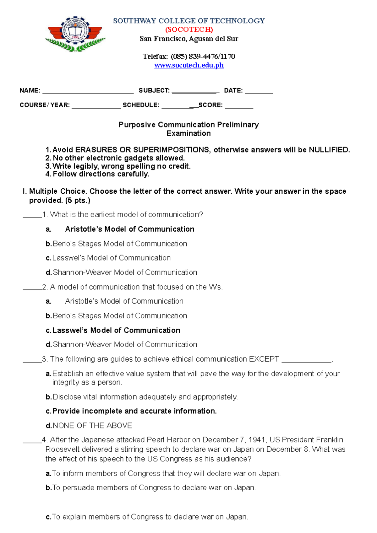 Purposive Communication Exam Prelim, Midterm, & Final Overview - Studocu