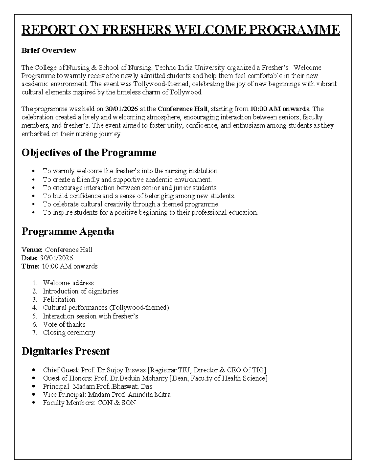 FRESHERS WELCOME PROGRAMME REPORT 2026 - COLLEGE OF NURSING - Studocu