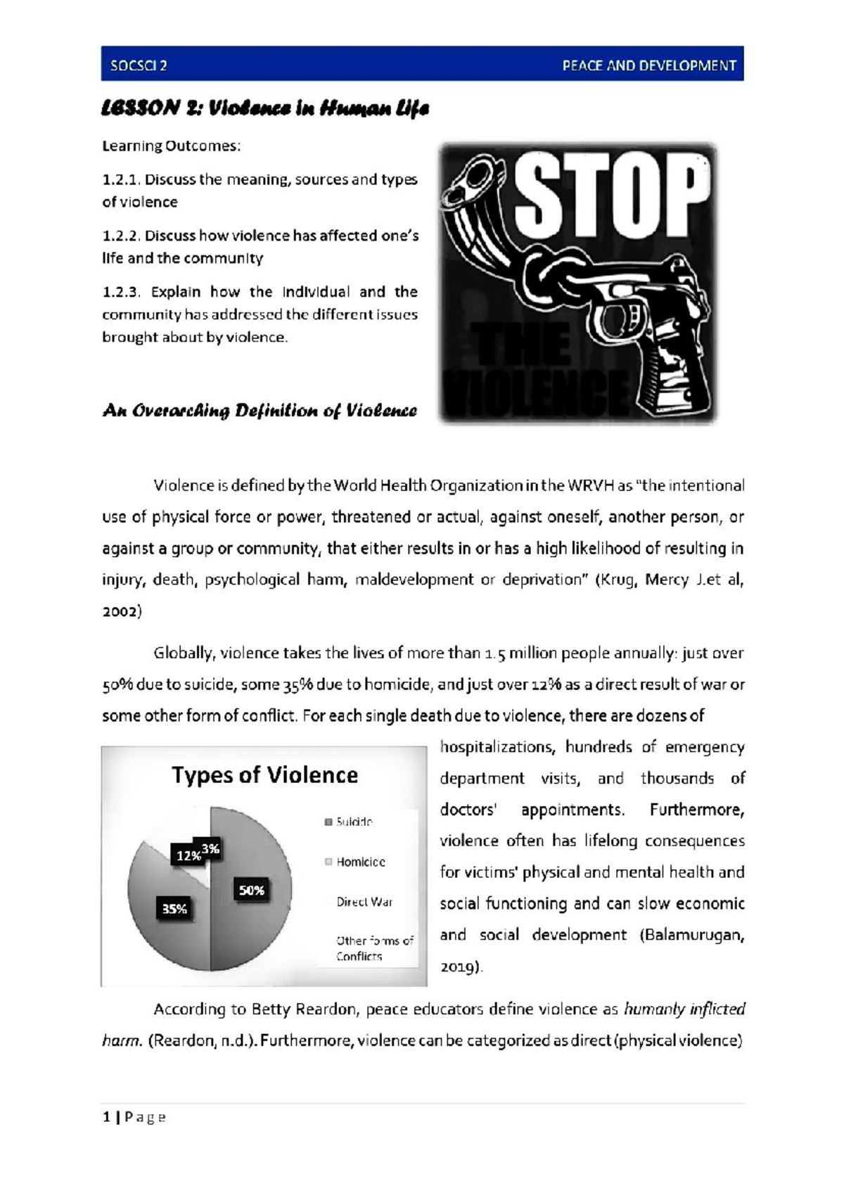 SOCSCI 2 - Lesson 2: Understanding Violence in Human Life - Studocu