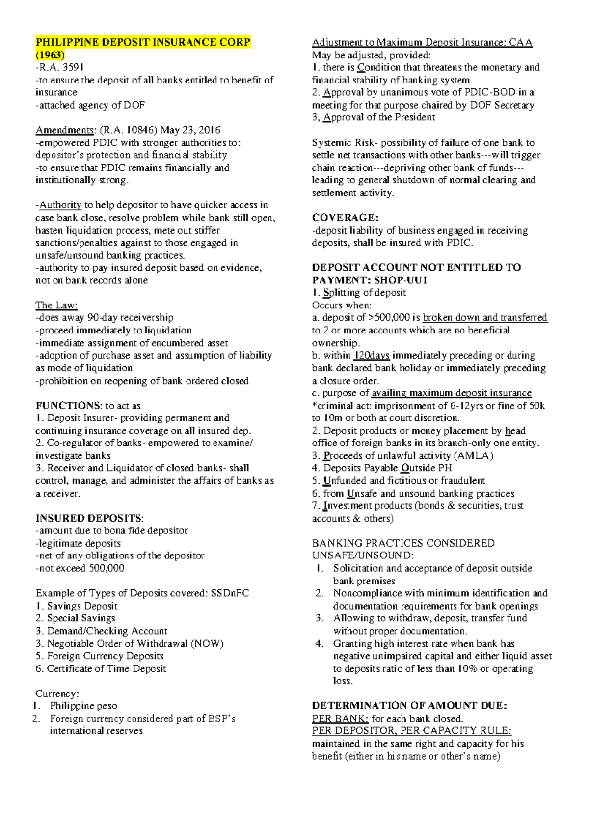 PDIC Notes: Insights on Banking Laws and Provisions - Studocu