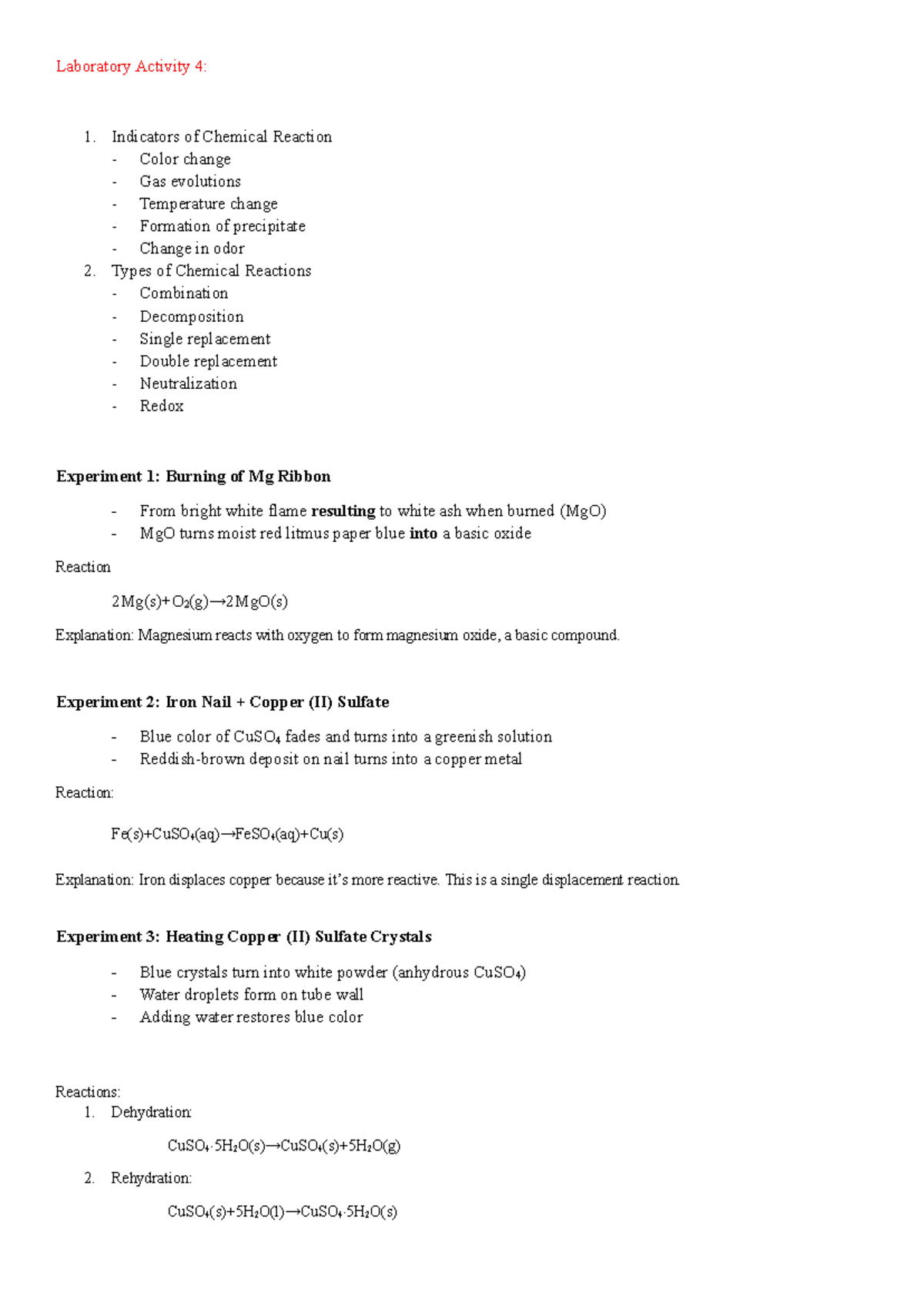 2nd-Lab: Chemical Reactions & Equilibrium Experiments Notes - Studocu
