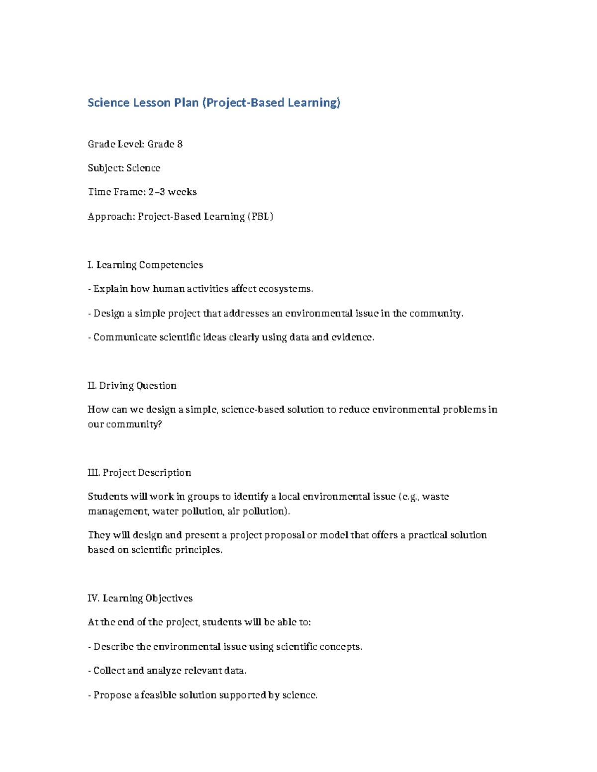 Science PBL Lesson Plan: Grade 8 Environmental Solutions - Studocu