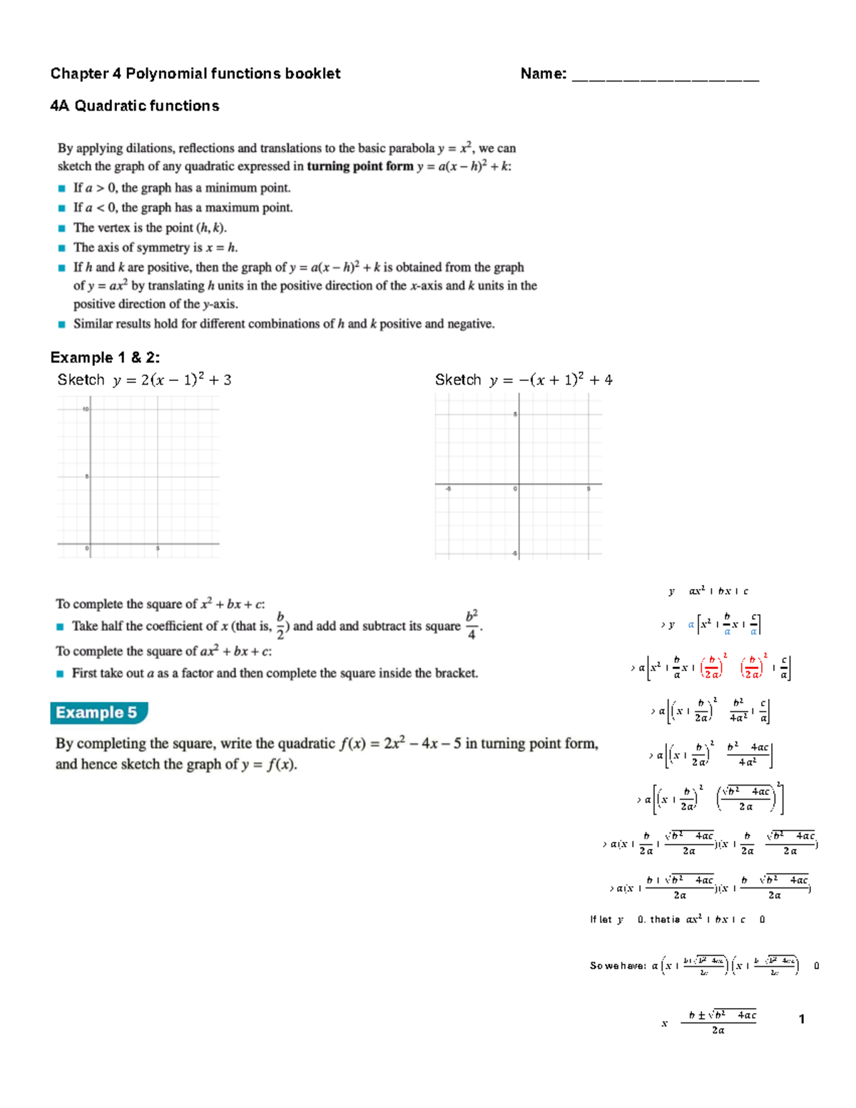 Year 12 Chapter 4: Polynomial Functions and Quadratics - Studocu