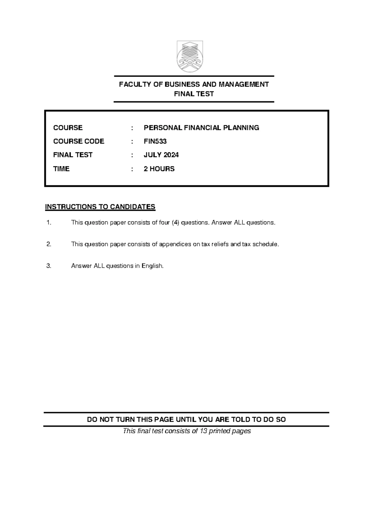 Final Exam FIN533 Personal Financial Planning July 2023 - Studocu