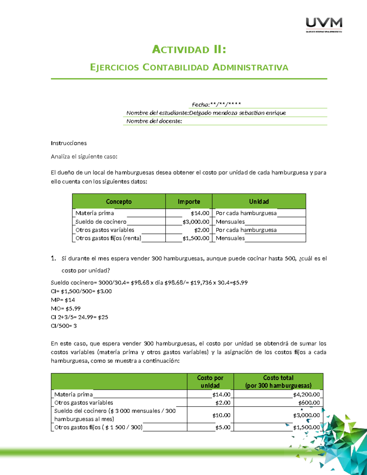 Act 2 Contabilidad Administrativa Actividad Ii Ejercicios
