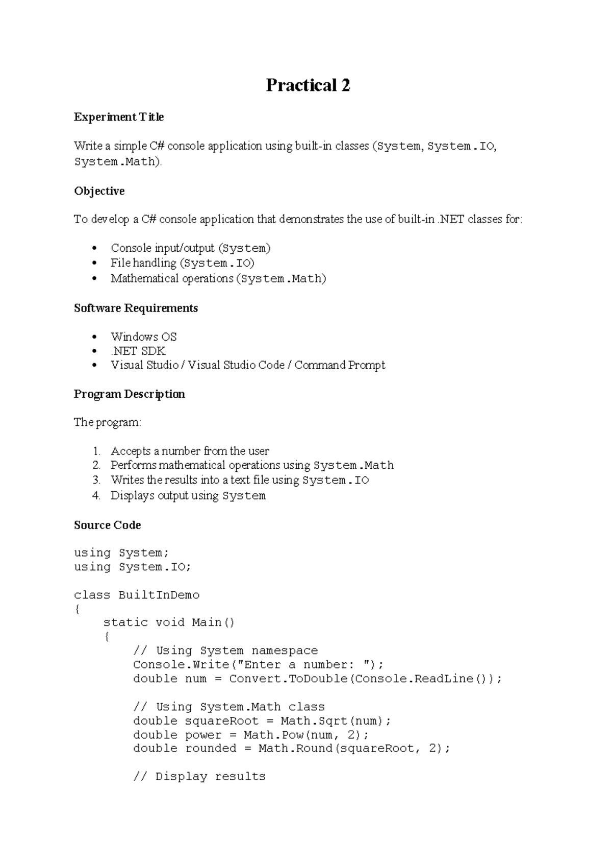 PRACTICAL 2: Console App Using .NET Classes for Math & File I/O - Studocu