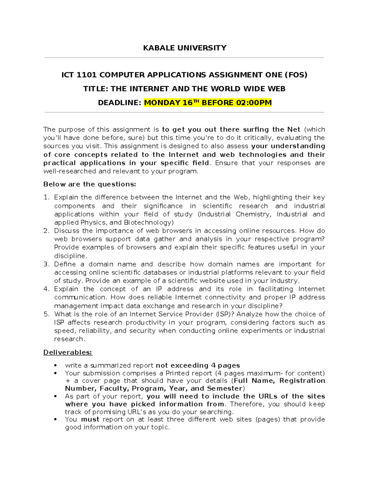 ICT 1101 Assignment One: The Internet and the World Wide Web - Studocu
