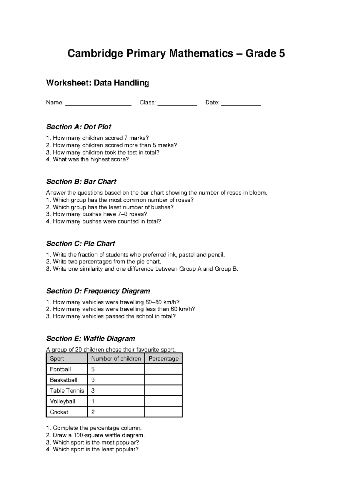 Grade 5 Cambridge Primary Maths Worksheet: Data Handling - Studocu