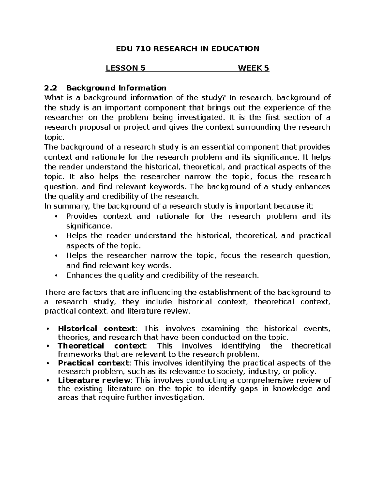 EDU 710 Research in Education: Lesson 5 - Background Information ...