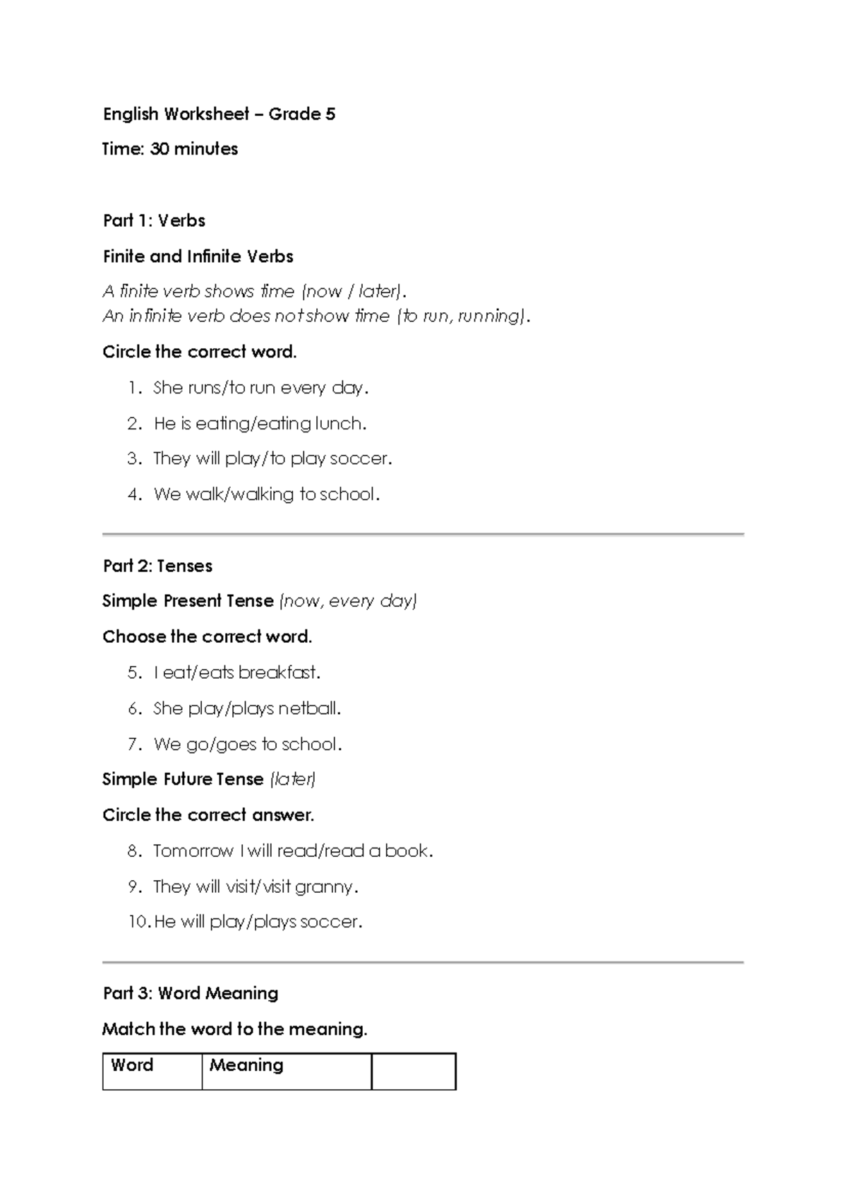 Grade 5 English Worksheet Verbs and Tenses Lesson 1.1.2 Studocu