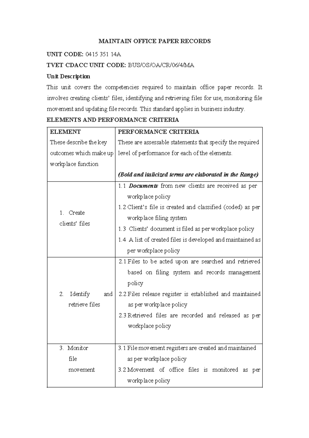 Maintaining Office Paper Records - Unit Code: 0415 351 14A - Studocu