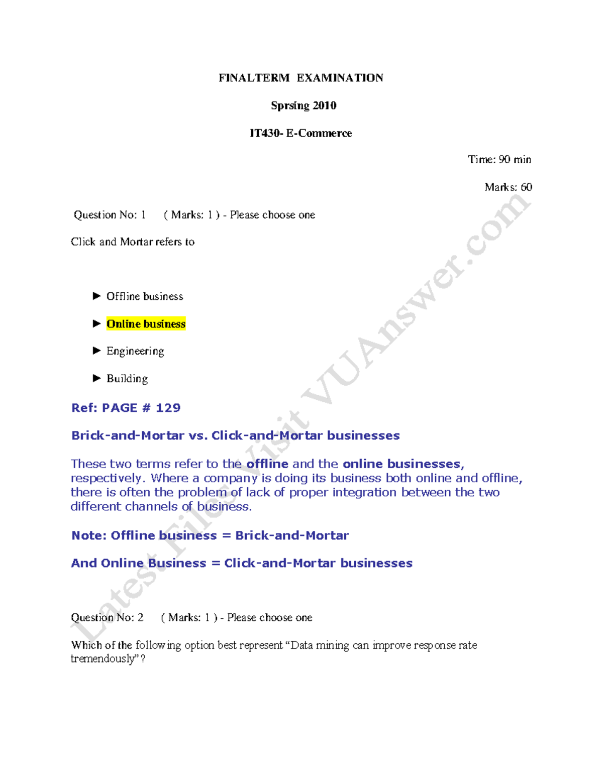 IT430 Final Exam Past Papers - E-Commerce Study Guide - Studocu