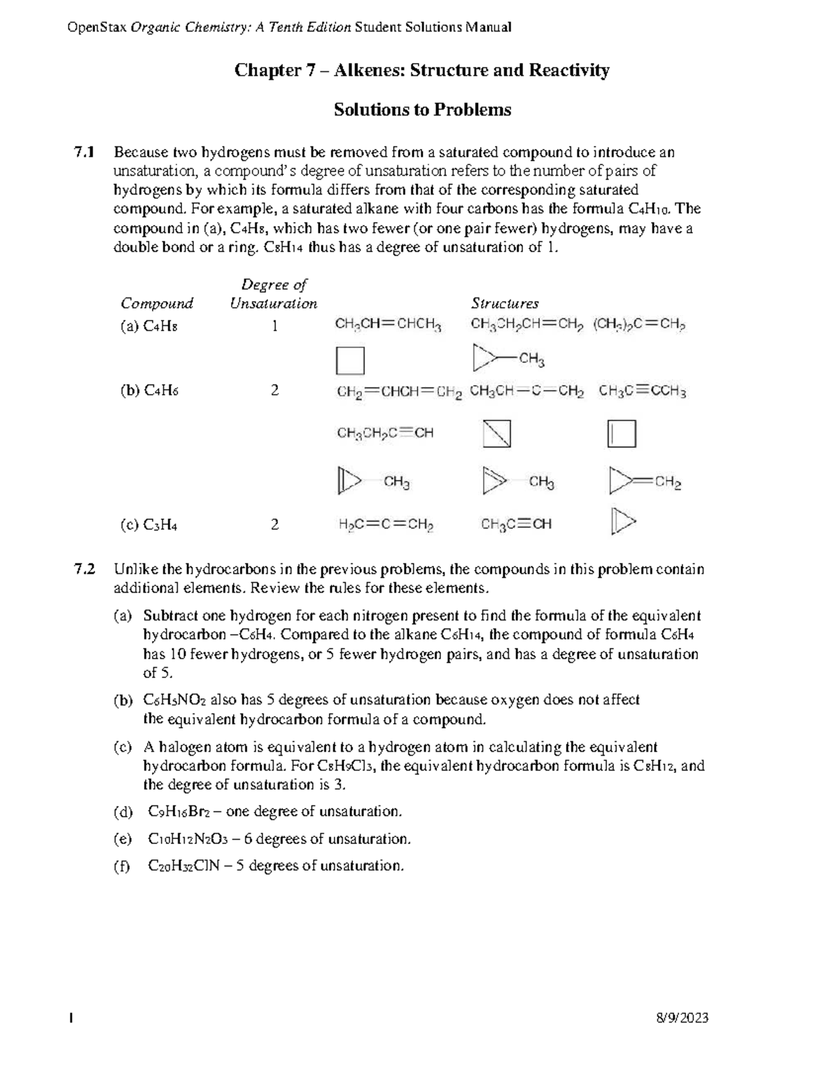 OpenStax Organic Chemistry 10e: Student Solutions Manual Chapter 7 ...