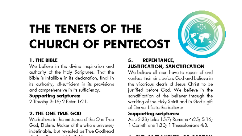 THE TENETS OF THE CHURCH OF PENTECOST: Quiz Prep Notes - Studocu