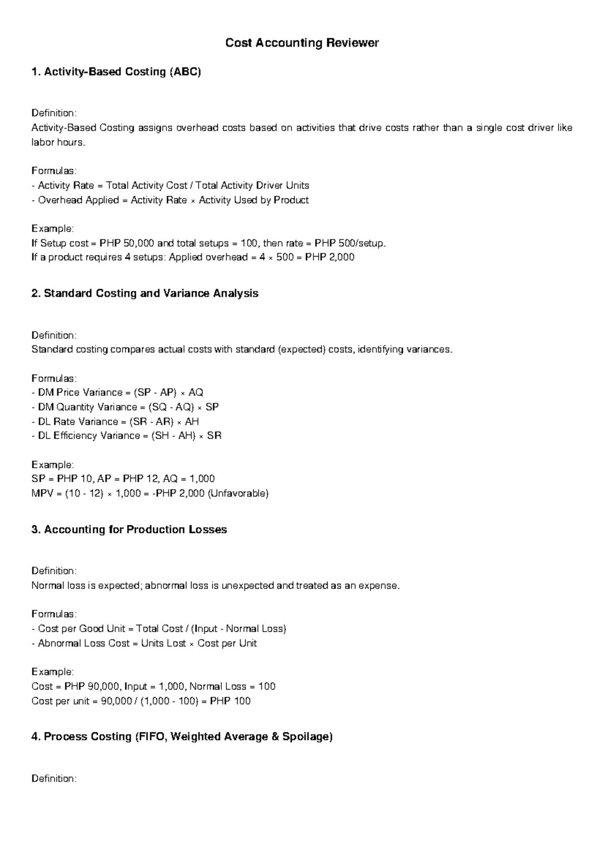 Cost Accounting Reviewer: Key Concepts & Formulas for Exam Prep - Studocu