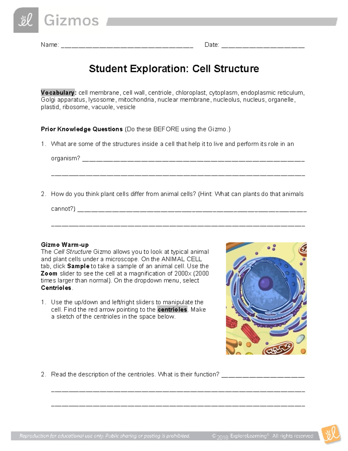 Cell Structure Exploration SE - 2018 Study Guide and Gizmo Activities ...