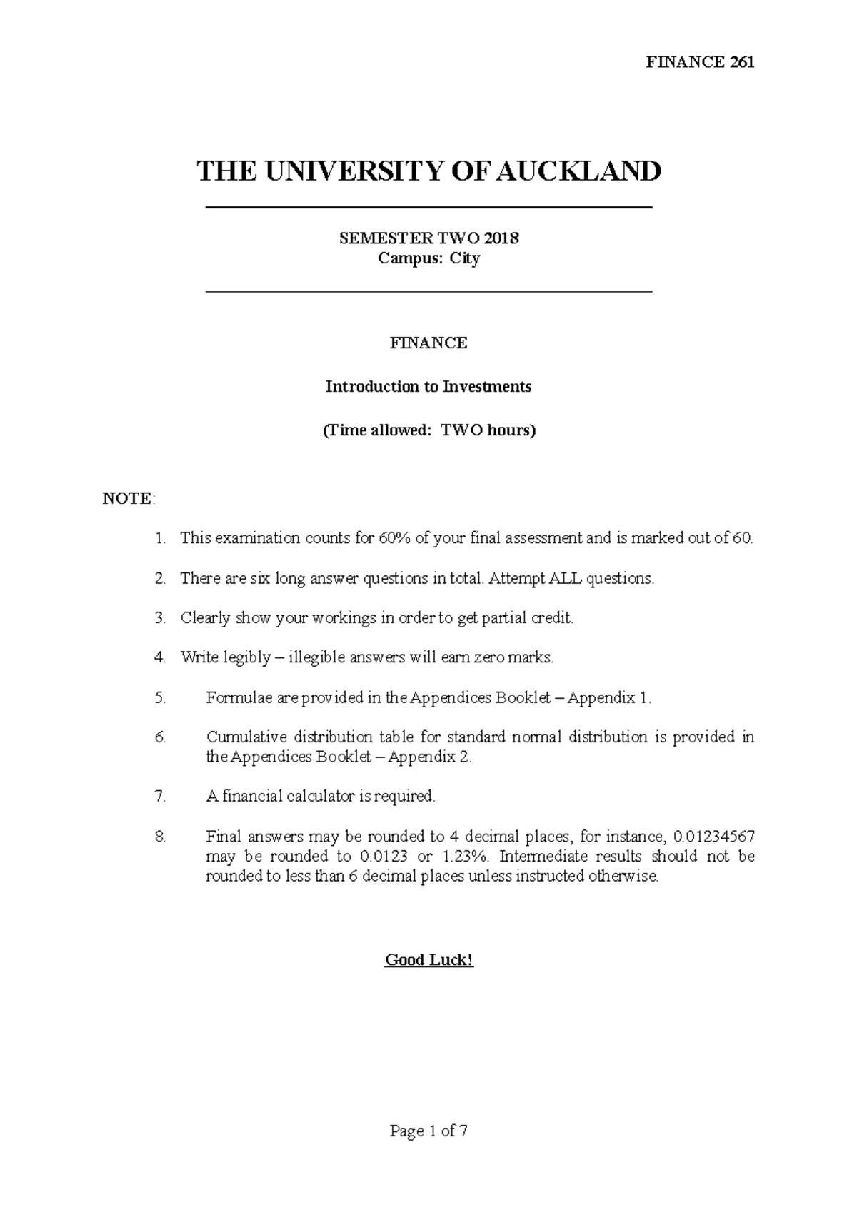 Final Exam Finance (FINC301) June 2019 Answers and Solutions - Studocu