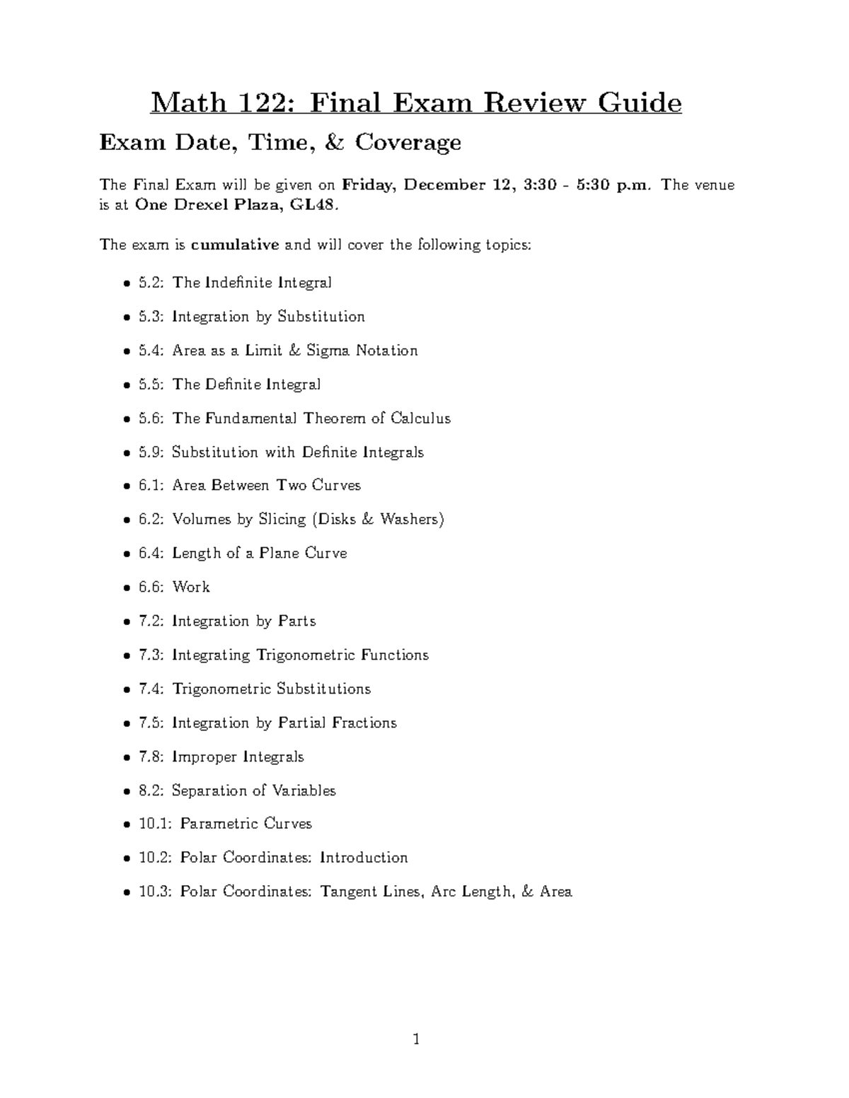 Math 122: Final Exam Review Guide for December 12 Exam - Studocu
