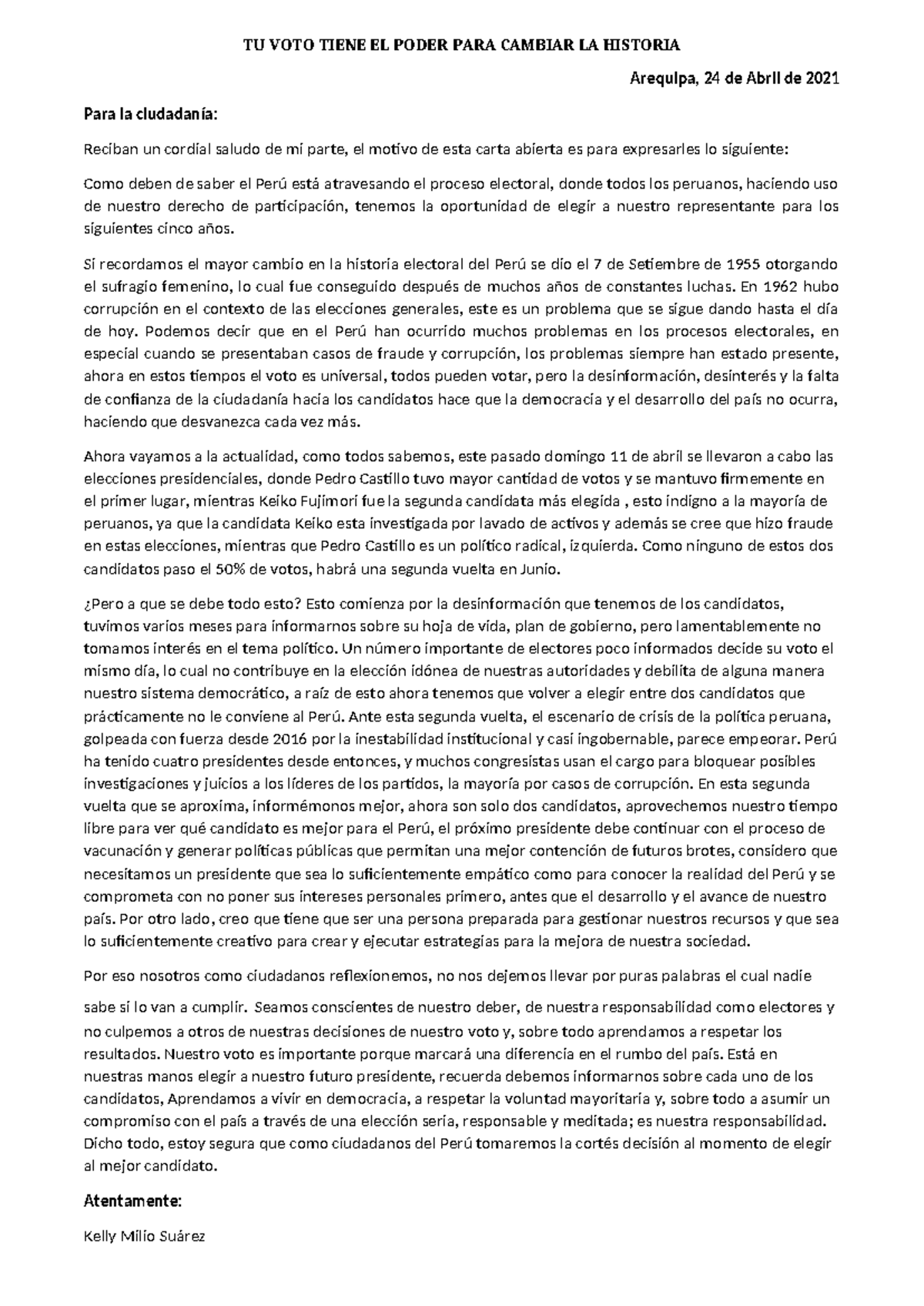 Carta Abierta sobre el Poder del Voto en la Democracia Peruana - Studocu