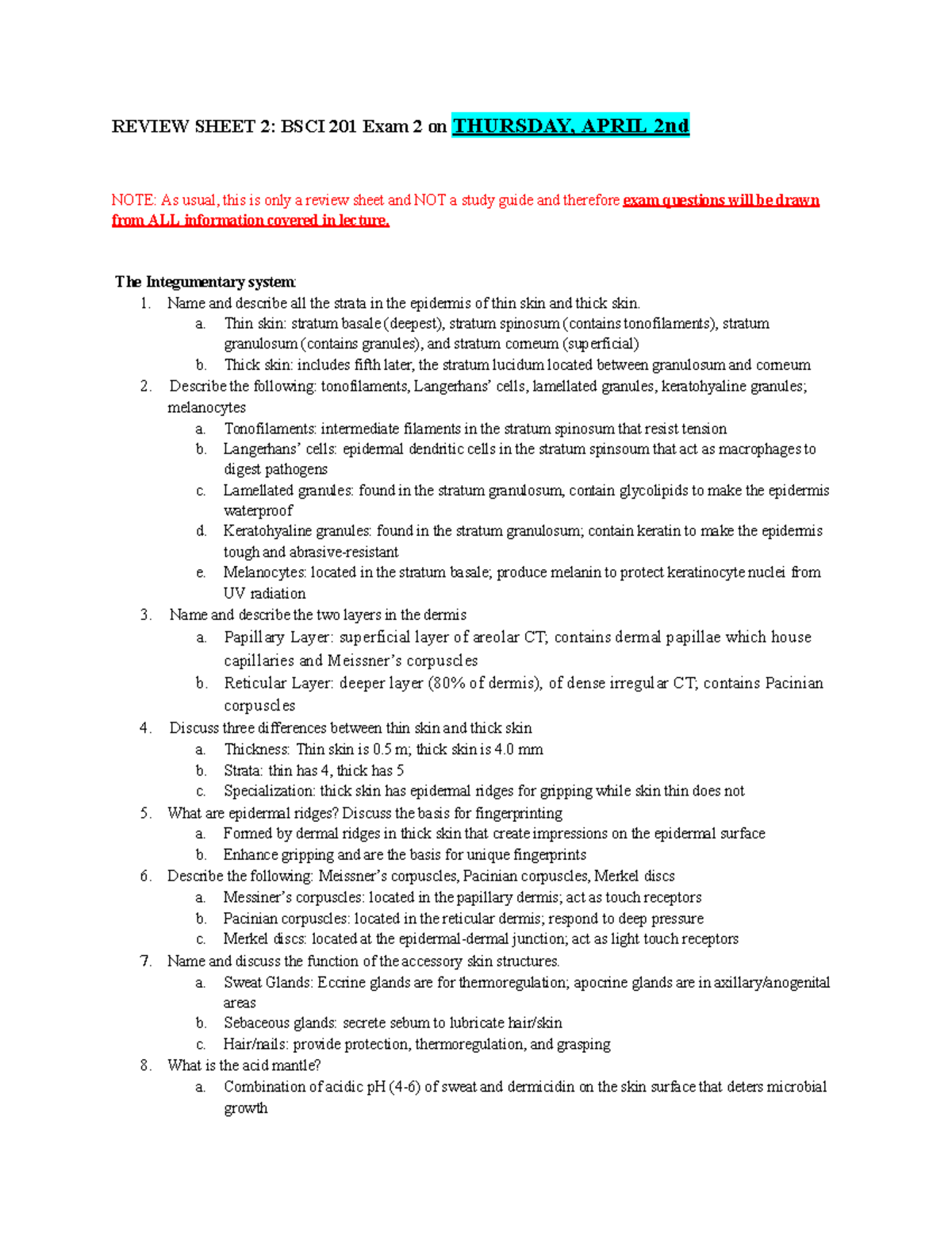 BSCI 201 Review Sheet 2: Integumentary & Skeletal Systems for Exam 2 ...