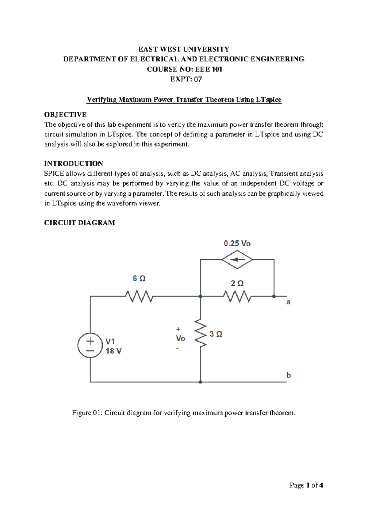 EEE101 Expt-7 Verifying Maximum Power Transfer Theorem in LTspice - Studocu