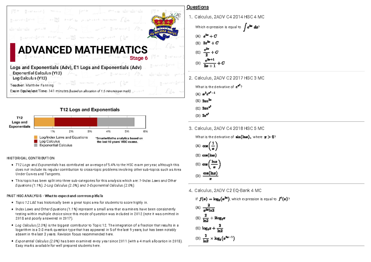 Exponential and Log Calculus Past HSC Questions - 2ADV C4 & C2 - Studocu