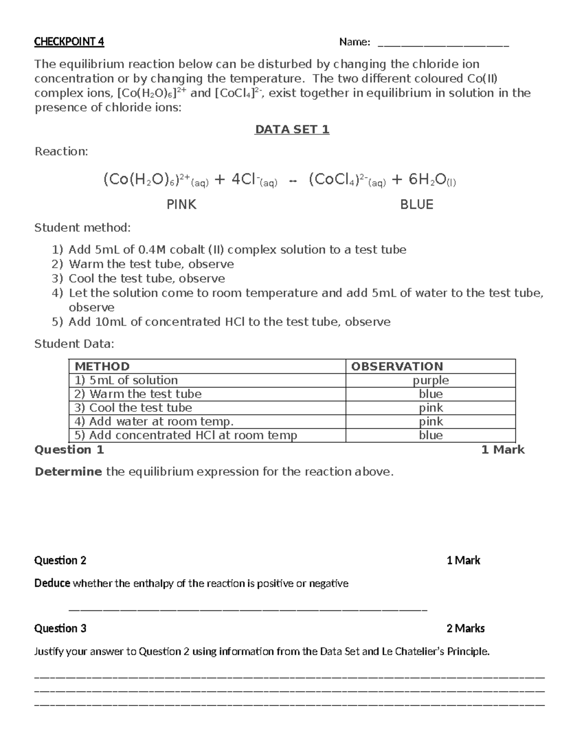 Data Test 4: Equilibrium Reaction Observations and Analysis - Studocu