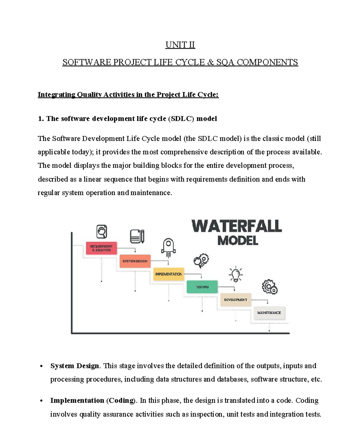 UNIT II: Software Project Life Cycle & SQA Summary Update - Studocu