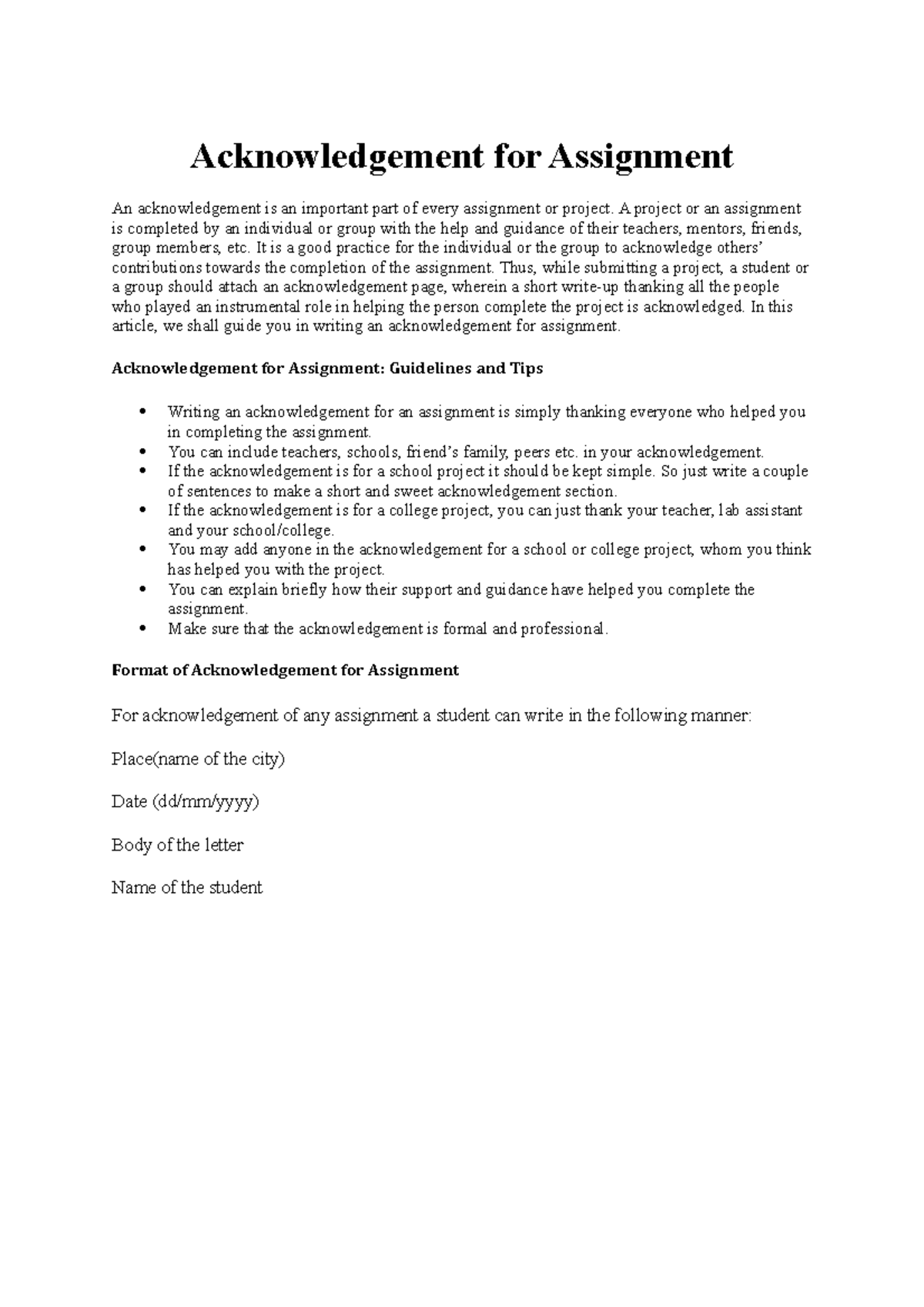 Acknowledgement for Assignment - A project or an assignment is ...