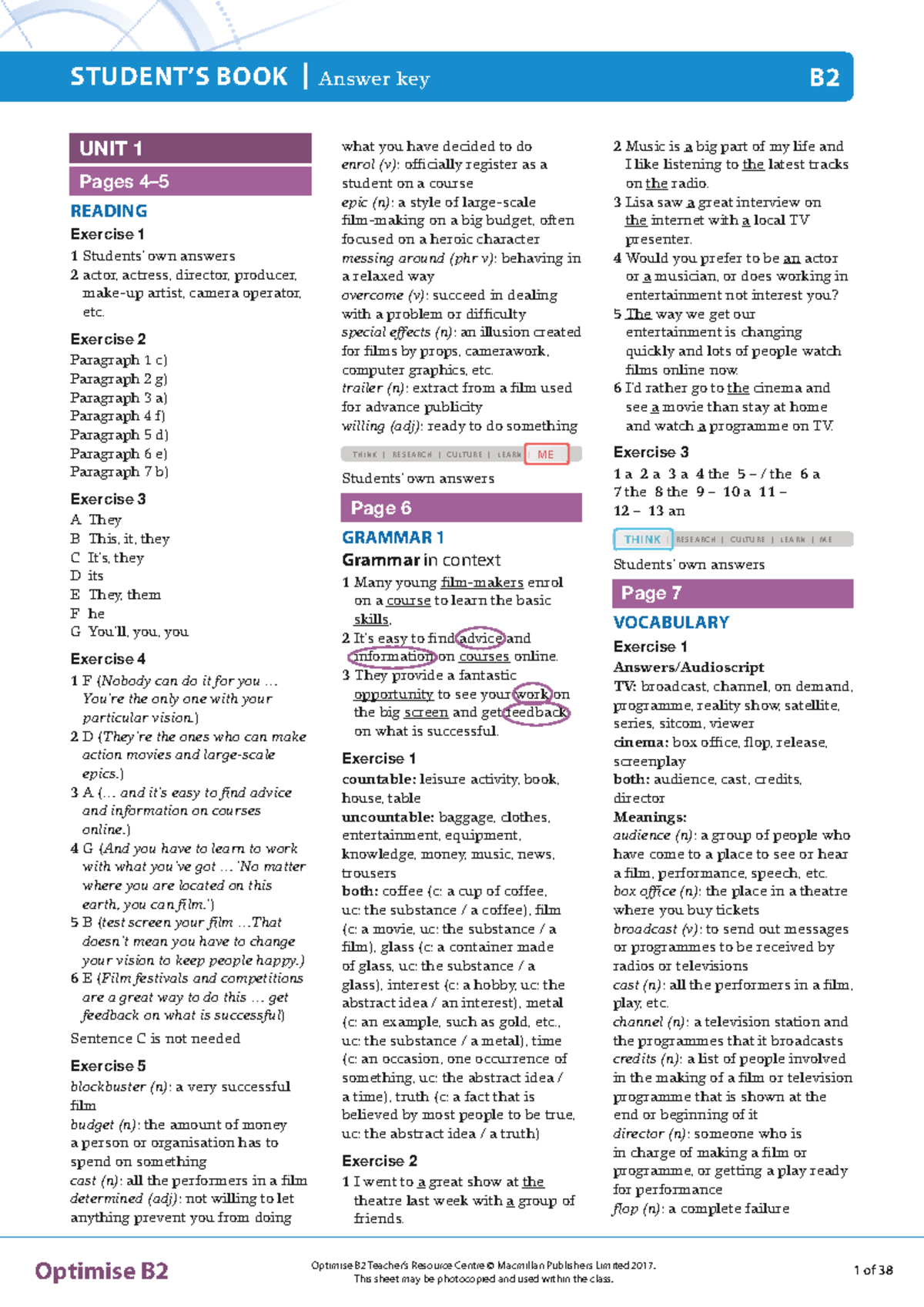 Optimise B2 Answer Key for Student Book Exercises - Studocu