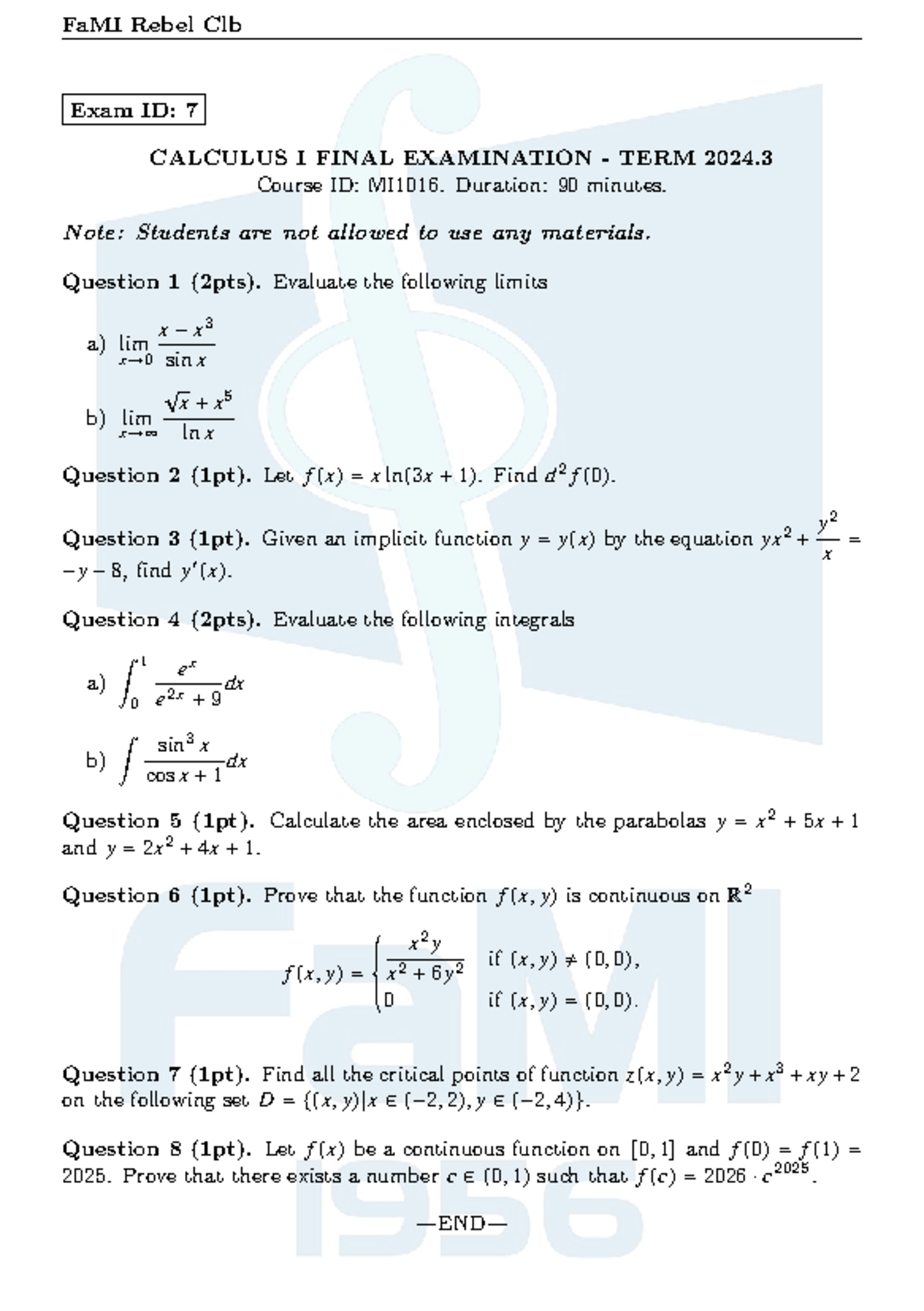 MI1016 Calculus I Final Exam Term 2024.3 - Questions & Solutions - Studocu