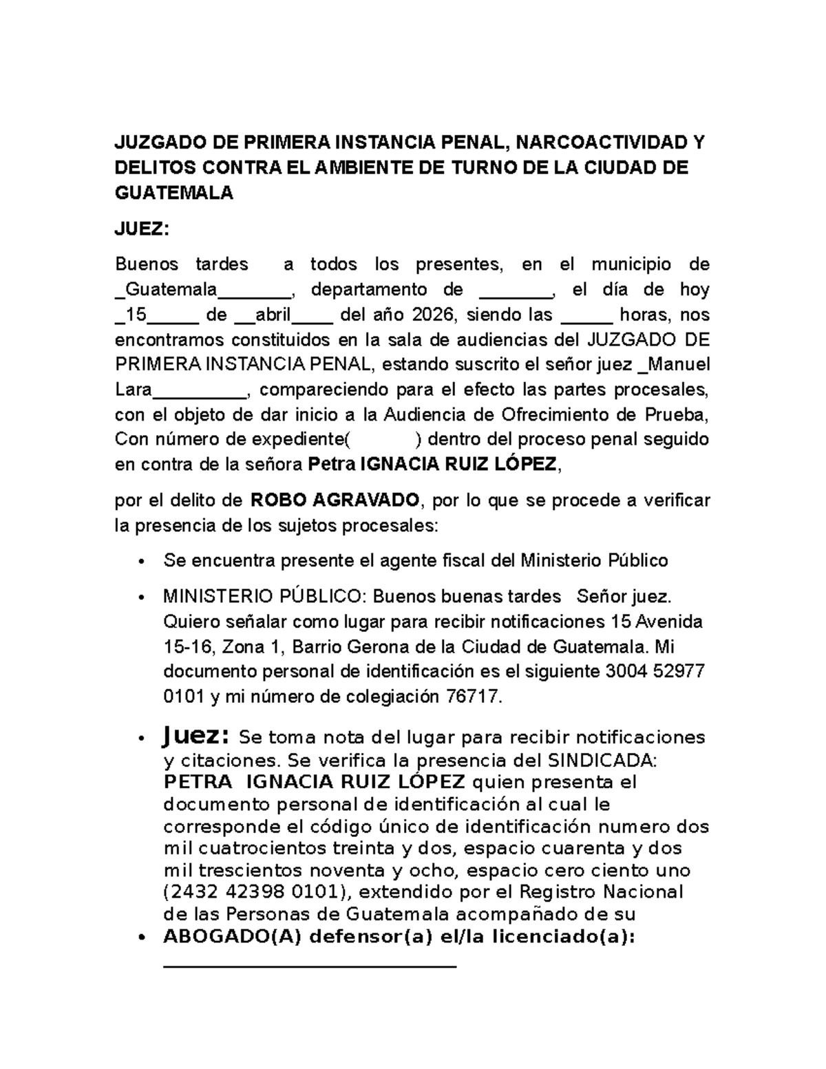 Audiencia de Ofrecimiento de Prueba - Juzgado Penal Ciudad de Guatemala - Document Preview
