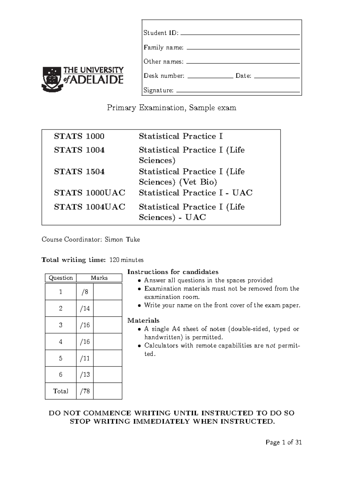 Statistical Practice I STATS 1004 Final Exam Sample Questions and ...