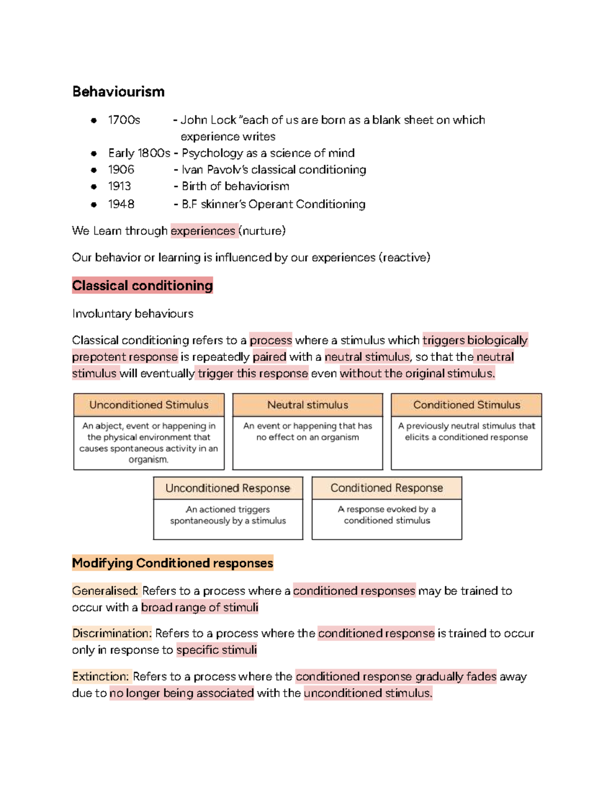 Week 6 - Behaviourism: Key Concepts and Conditioning Theories - Studocu