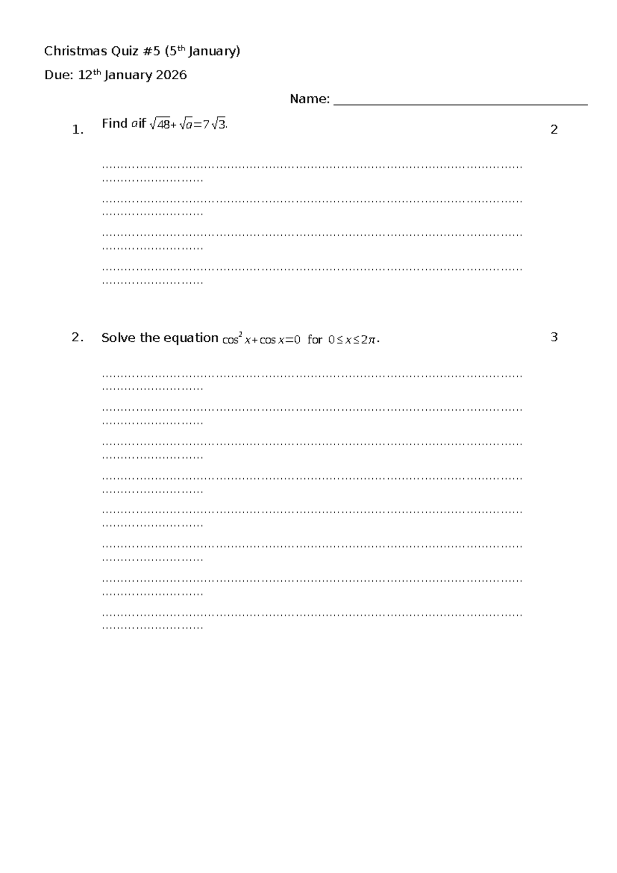 Year 11/12 Advanced Math Quiz: Christmas Edition - Studocu