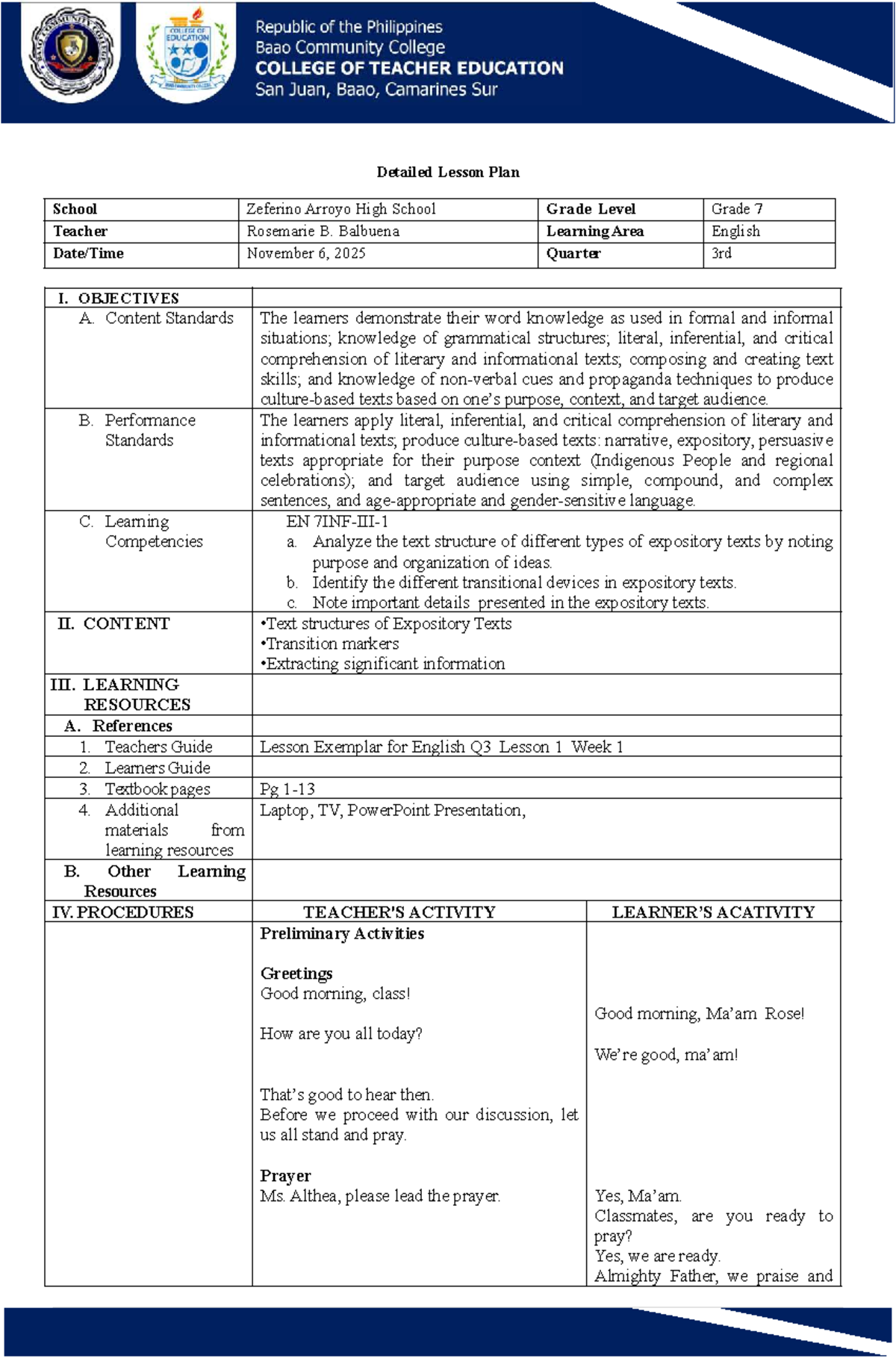 Grade 7 English DLP: Expository Text Structures and Analysis - Studocu
