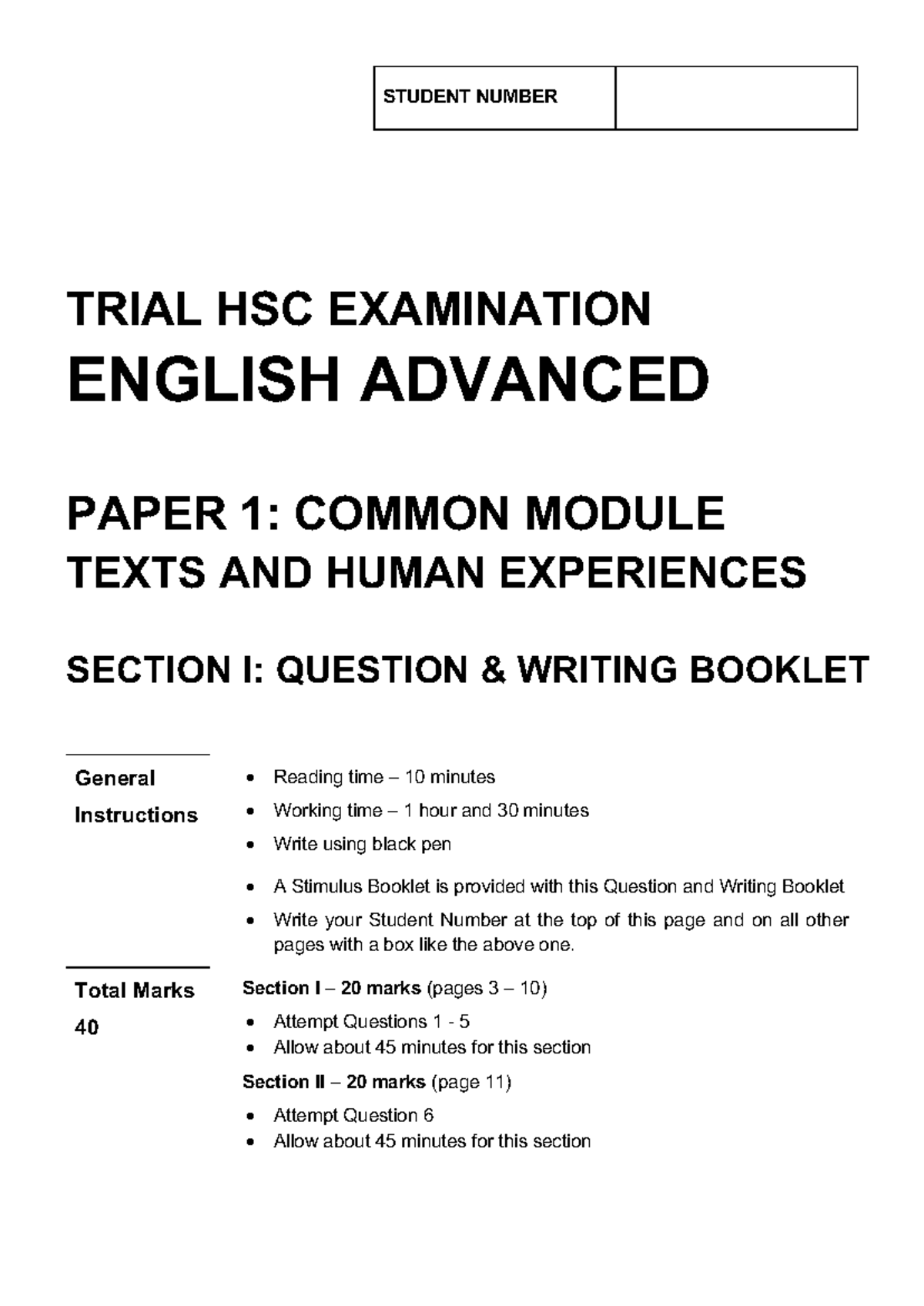 HAHS Trial HSC Exam: English Advanced Paper 1 - Common Module - Studocu