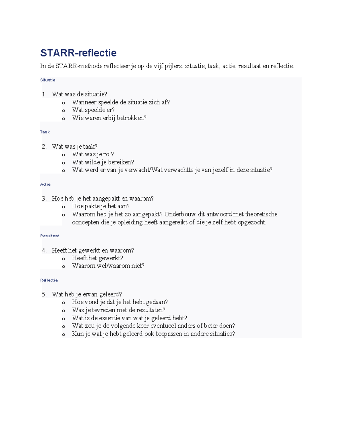 STARR Reflectie: Situatie, Taak, Actie, Resultaat en Lessen - Studocu