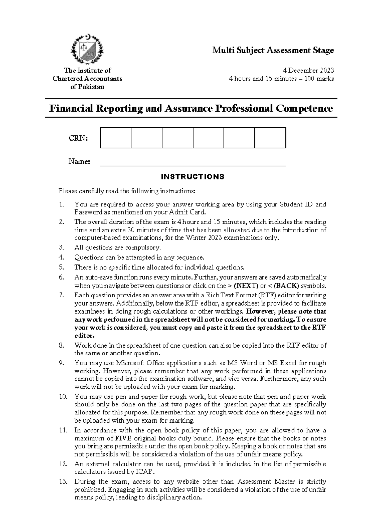 MSA-1-Winter 2023 - kknlklnkj - Multi Subject Assessment Stage The ...