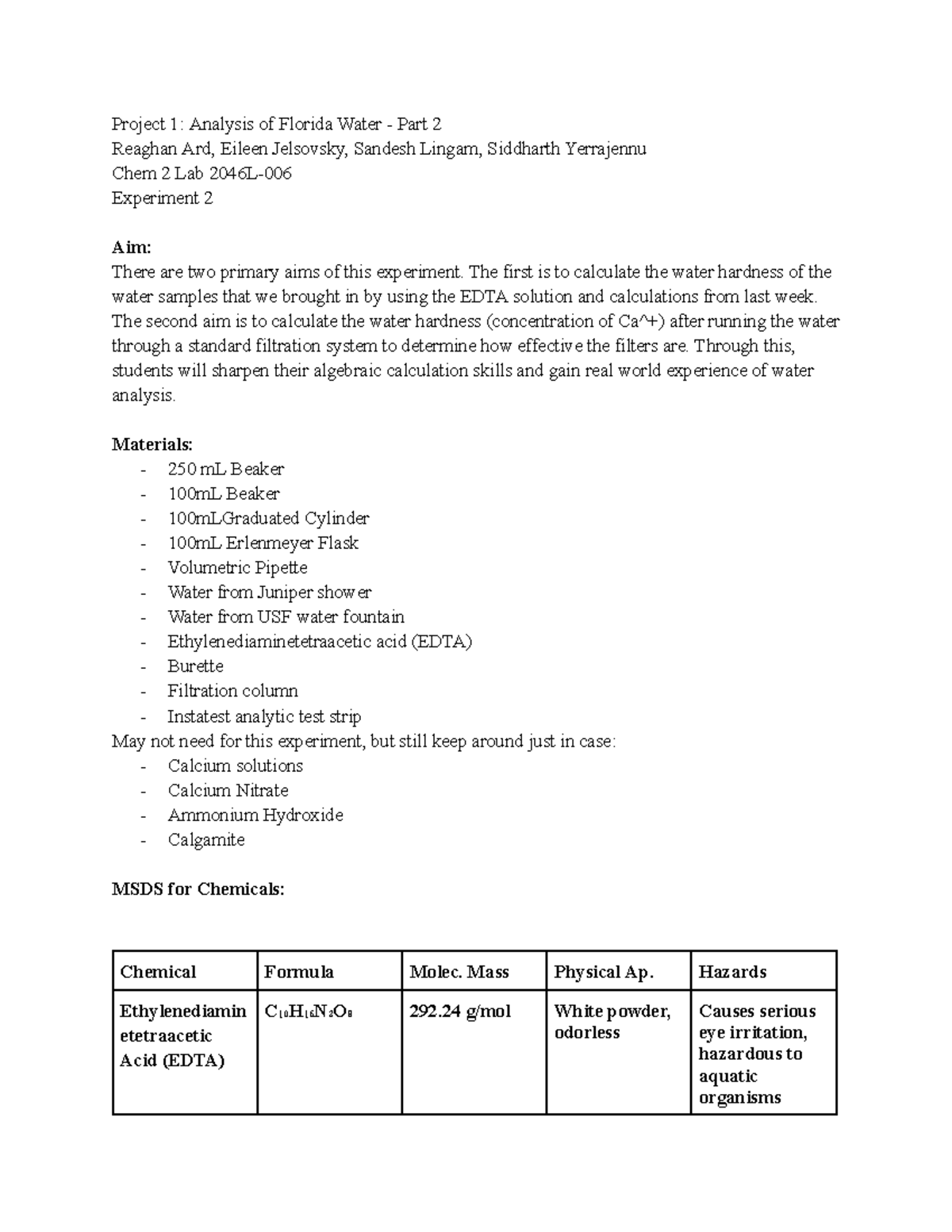 Chem 2 Lab 2046L - Pre Lab 1 Part 2: Analysis of Florida Water - Studocu