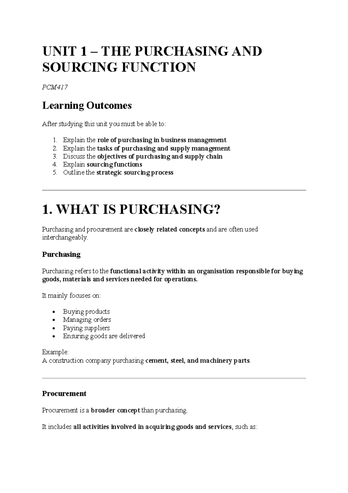 PCM417 - Unit 1: The Purchasing and Sourcing Function - Studocu